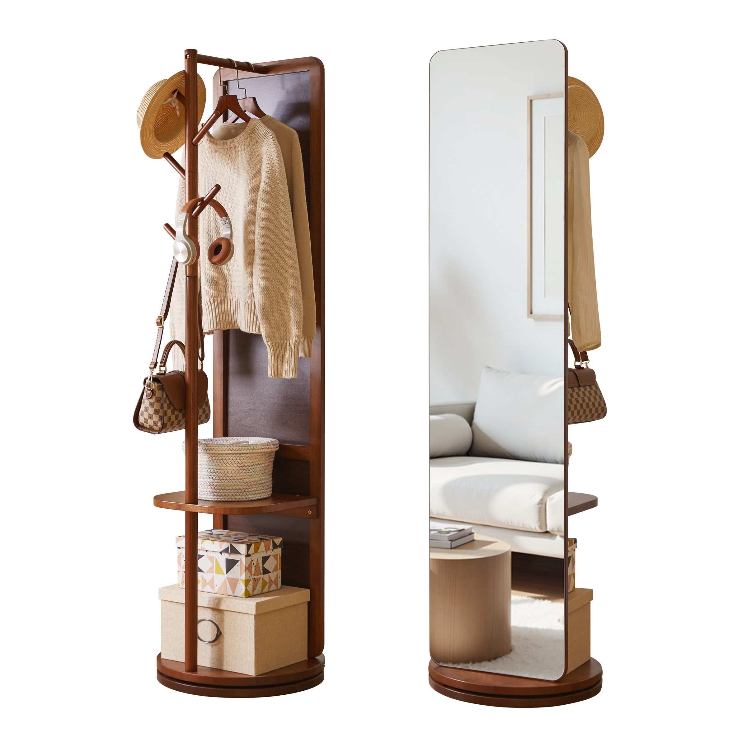 Solid Wood Full Length Mirror with Stand and Coat Rack, Walnut, 68.9 in H