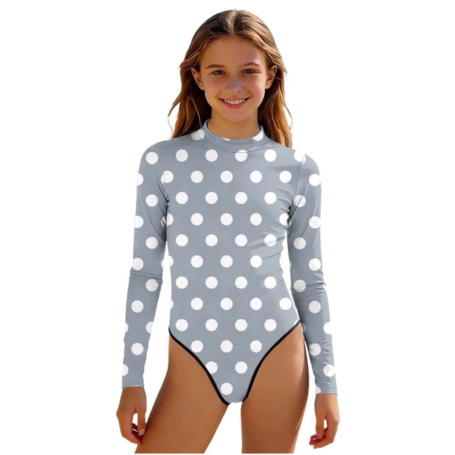 Swimsuit for Girls, Long Sleeve One Piece Rashguard, Solid Color Beach Vacation Swimsuit for Kids 2-13 Years
