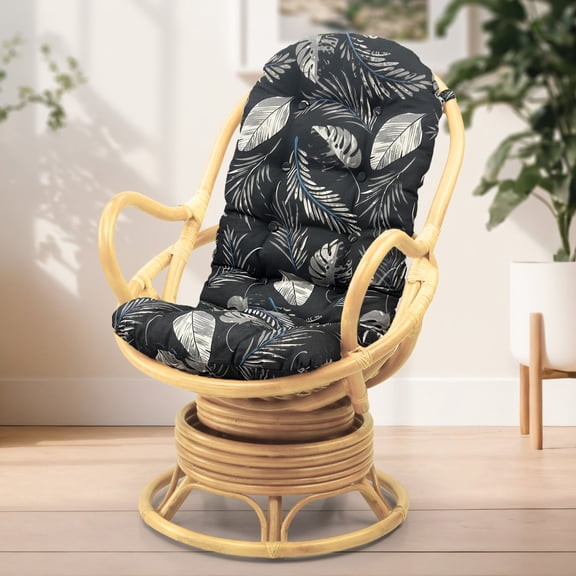 Java Lounge Swivel Rocking Chair with Black Leaf Cushion Natural Rattan Wicker Handmade, Natural Color
