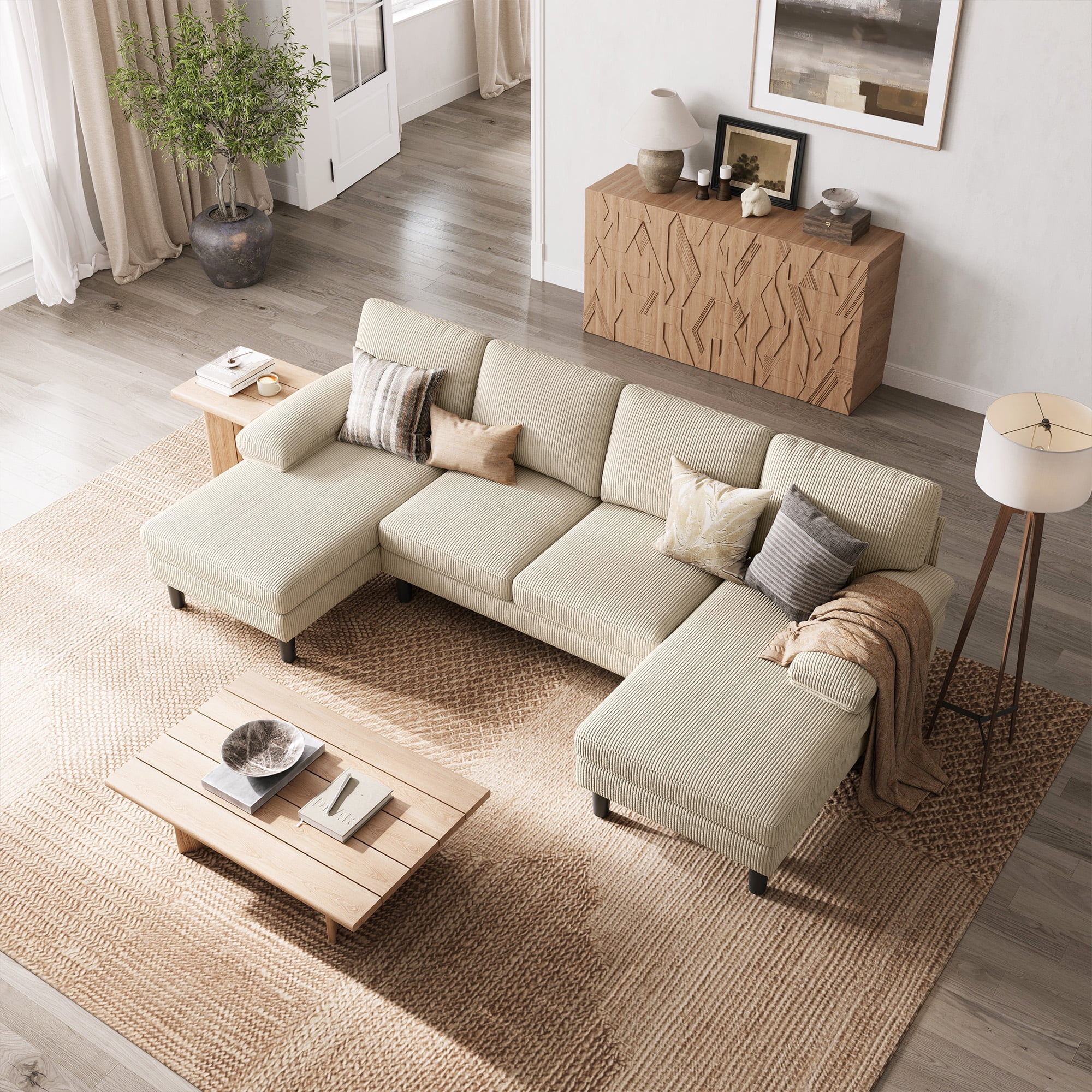 Linsy Home Sectional Sofa for Living Room, U-Shaped Sofa Couch with Corduroy Fabric, 4 Seat Sofa Set with Double Chaise for Apartment, White