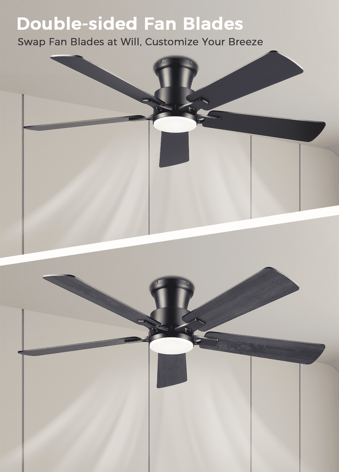 52Inch Ceiling Fan with Lights and Remotes, Modern Low Profile Flush Mount Ceiling Fans,DC Reversible Motor, 3CCT Dimmable,Noiseless,Dual Finish, Black 6 Speeds Ceiling Fan for Indoor/Outdoor