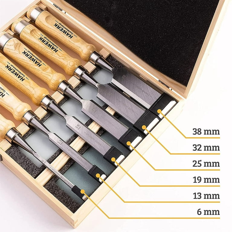 HAWERK Wood Chisel Sets - Wood Carving Chisels with Premium Wooden Case -  Includes 6 pcs Wood Chisels & 2 Sharpening Stones 