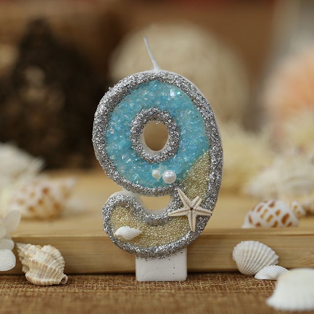Velas digitales con purpurina, decoración de pastel de cumpleaños, estrella de mar, playa, verano, 0-9, decoración de pastel de fiesta temática con el océano, 1 ud.,9
