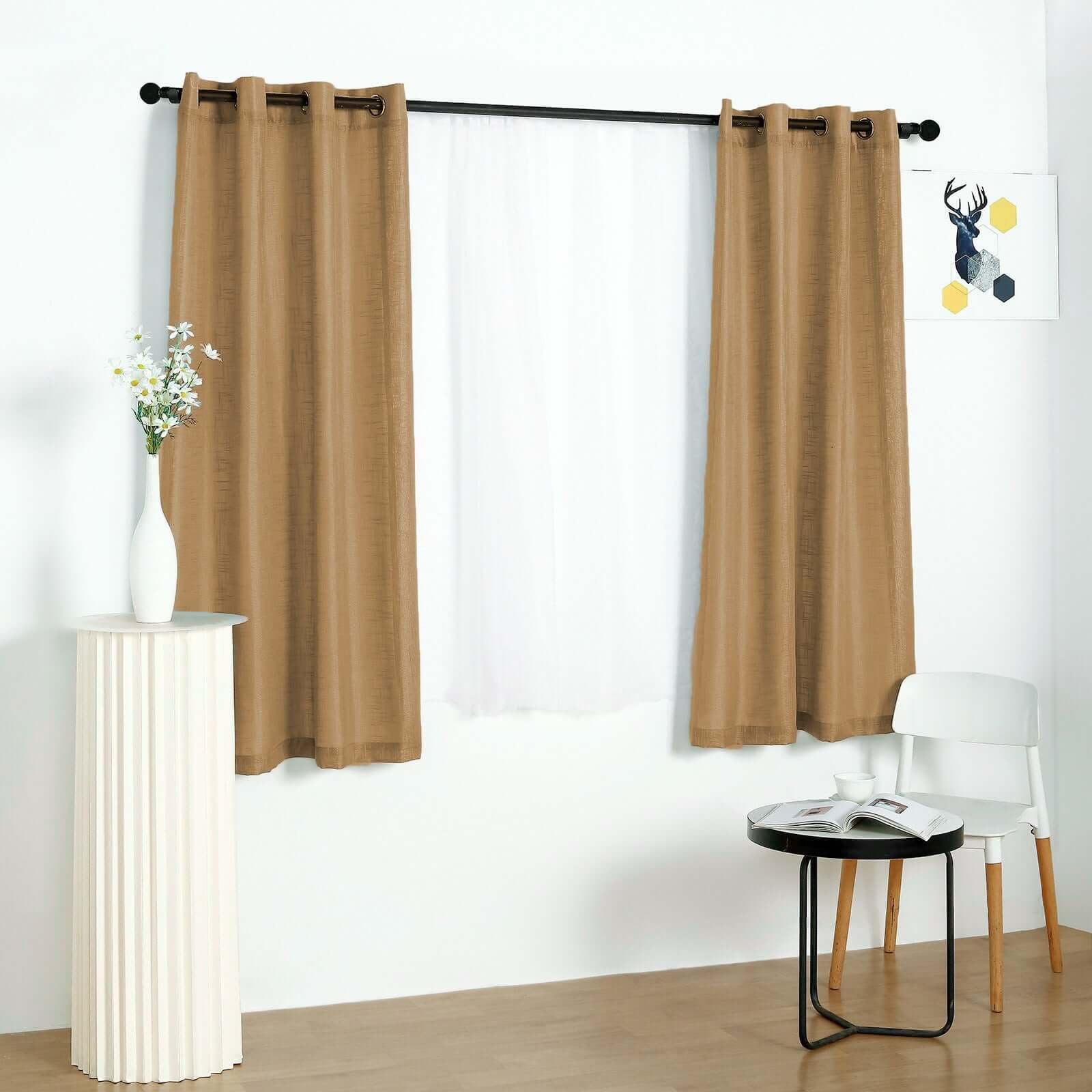 Efavormart Pack of 2 52"x64" Natural Faux Linen Curtains, Semi Sheer Curtain Panels with Chrome Grommet for Living Room Home Decor Window Privacy Linen Textured Drapes