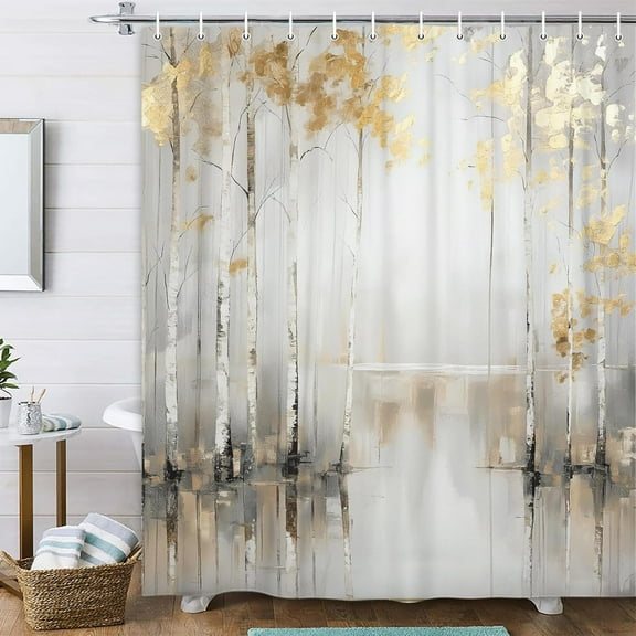 Abstract Gold Grey Tree Shower Curtain, Neutral Marble Boho Ombre Minimalist Chic Art Oil Painting Modern Style Shower Curtain Set, Bright Gray Landscape Fabric Bathroom Curtain 12 Hooks, 70 X 70IN