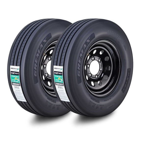 GREMAX All Steel Trailer Tire Wheel Assembly ST225/75R15 14-Ply G 123/119M w/6 Lug on 5.5" PCD Black Mod Wheel ,SET 2