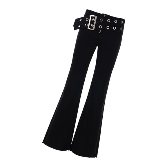 Aellinatey Women's Dark Gothic Beltted Flared Jeans Pants Low Rise Bootcut Denims Trousers