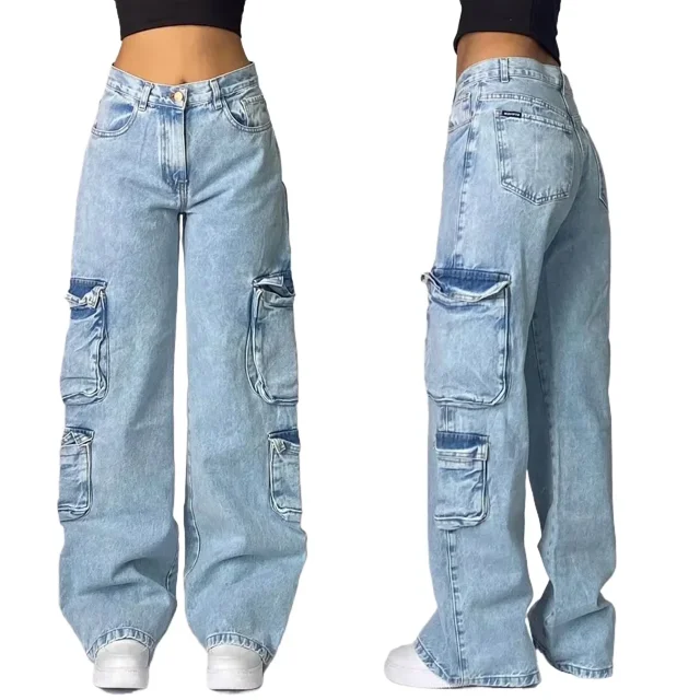 Womens Polyester Printed Oversized Baggy Wide Leg High Waist Full Length Jeans