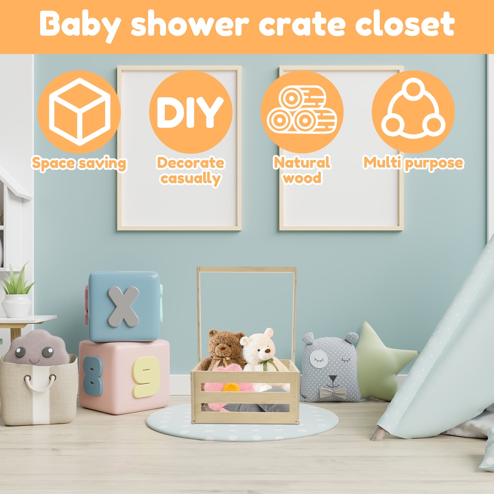 Xiyztok Baby Shower Crate Closet Smooth Wood Baby Shower Basket with Handle Storage Crate with 5 Hangers for New Born Baby Shower,21.45*13.39in