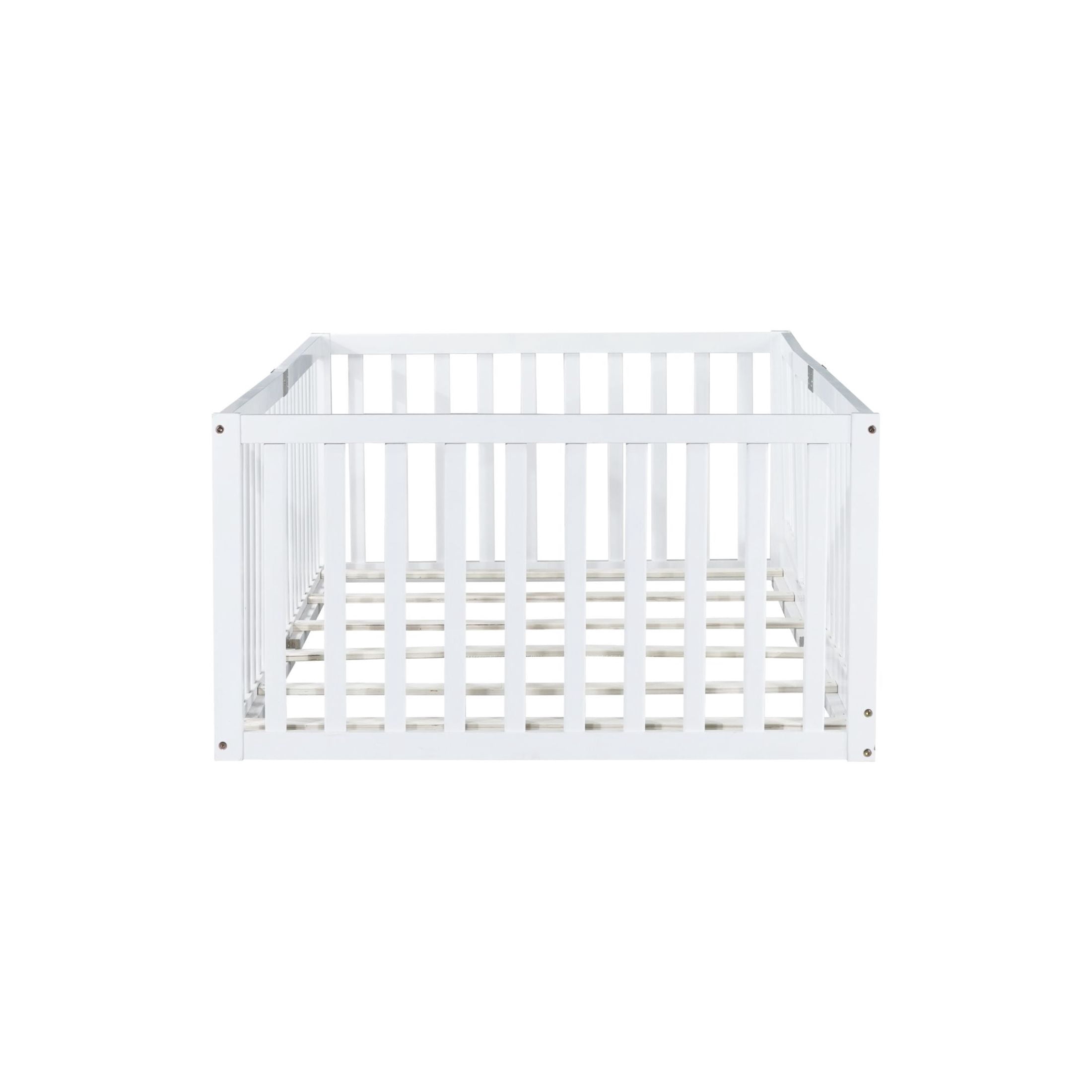 Noble House Alista Twin Size Rubber Wooden Floor Bed with High Safety Fence Guardrails and Door, White