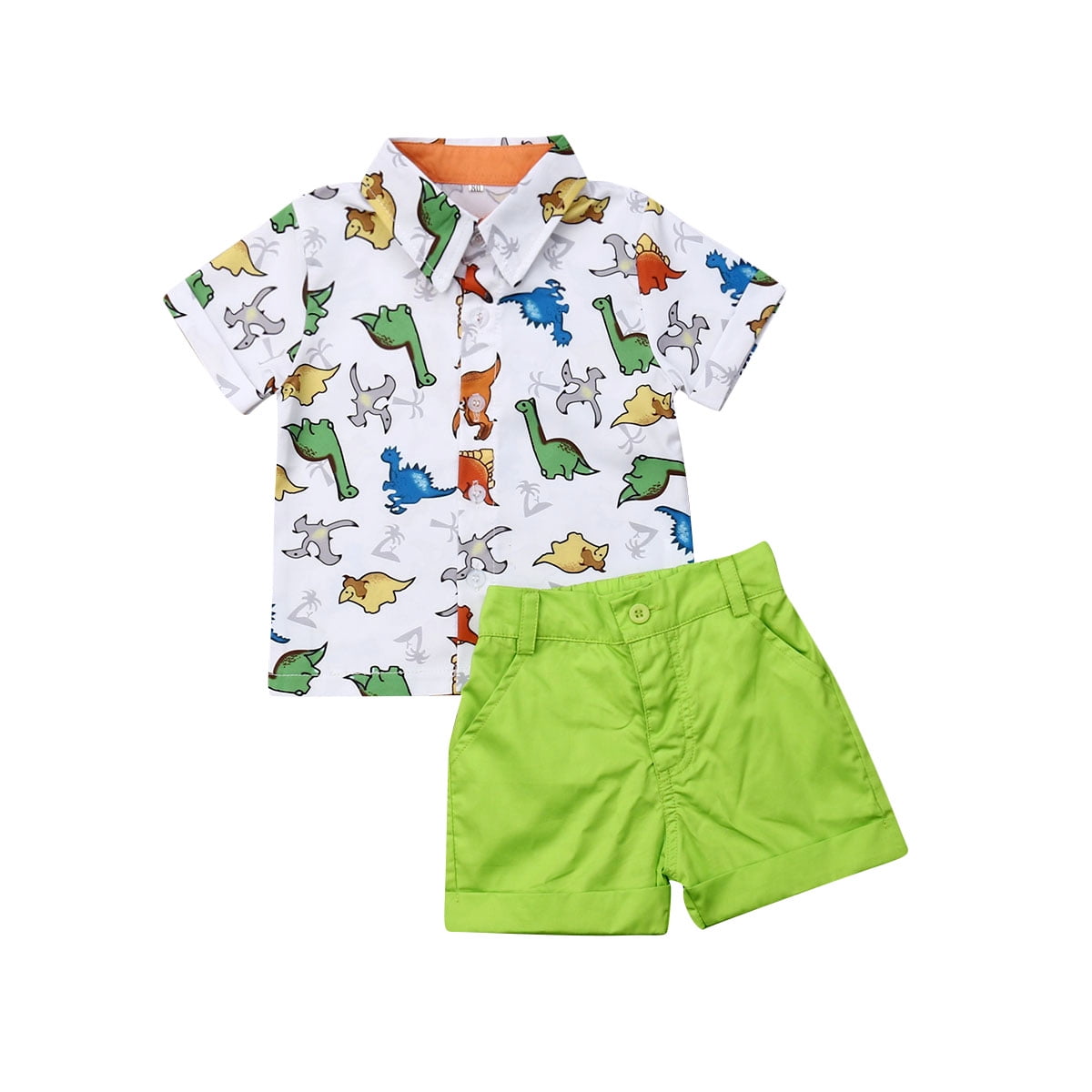 Toddler Boy Shirt Suit Animal Dinosaur Print Short Sleeve Button Shirt Clothes Set Gentleman Clothes Shorts 2 Piece Outfits for Summer 