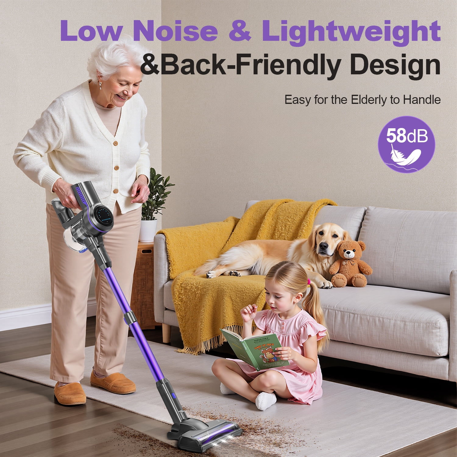 INSE 45kPa Cordless Vacuum Cleaner with Brushless Motor, 6 in 1 Stick Vacuum Lightweight for Hard Floor Carpet Pet Hair, S7P Purple
