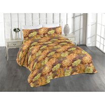 Ambesonne Floral Quilted Bedspread Set 3 Pcs, Warm Tone Nostalgia Flowers, Queen, Mustard Apricot Redwood