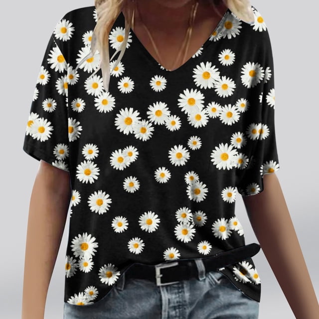 ICHUANYI Clearance Women's Fashion Printing Casual V-neck Short Sleeve Loose T-shirt Tops(White, XL) ICHUANYI WER2023081114742
