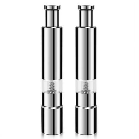 Salt and Pepper Mill Set, Stainless Steel Grinder One Hand Operation 2 Pack