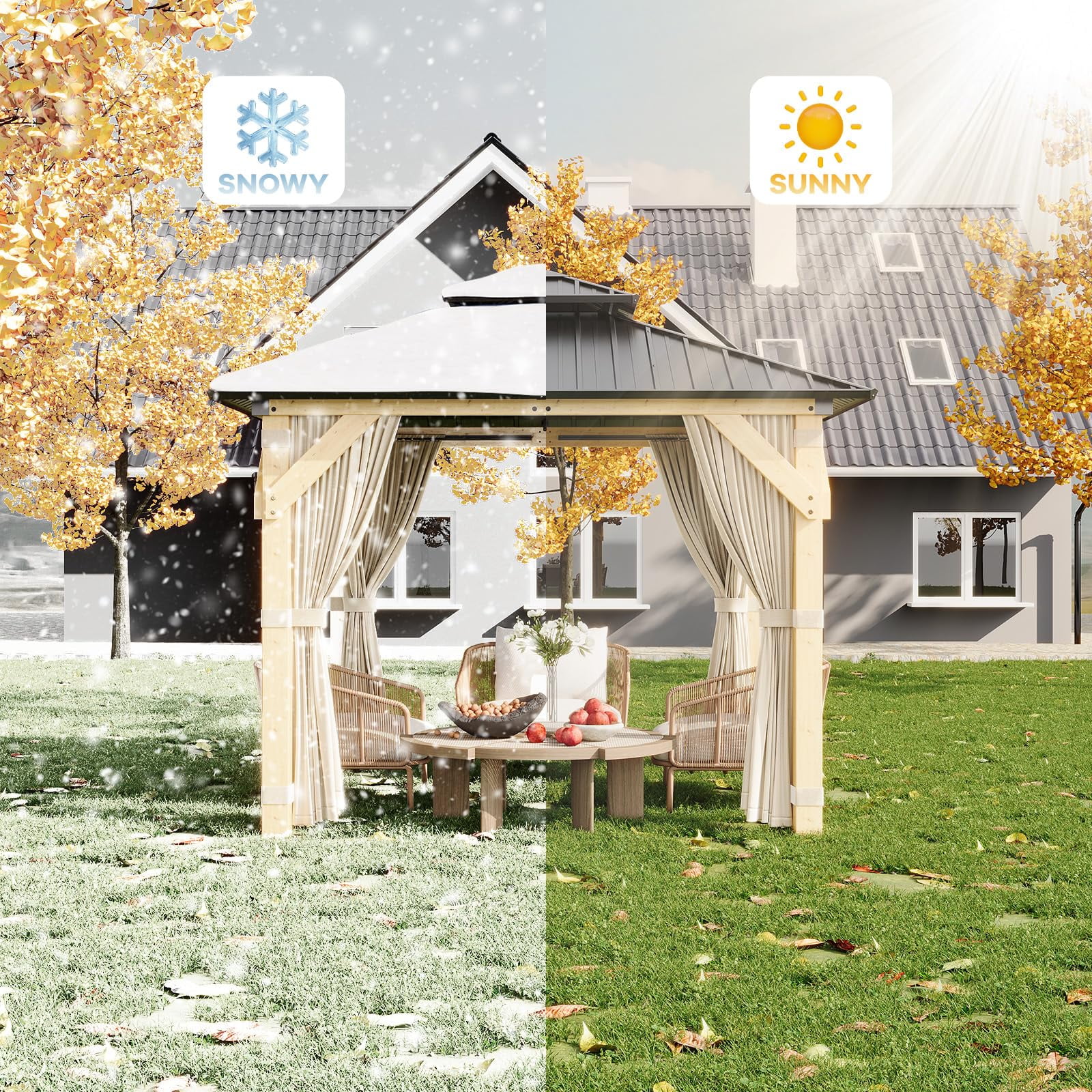 Outdoor living10x10ft Hardtop Gazebo Double Roof Canopy Wood, 4-Post Wooden, Curtain&Netting,Permanent Gazebo Pavilion