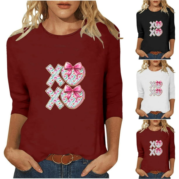 RKSTN Valentine's Day 3/4 Sleeve Tops for Women Oversized Crewneck Valentines Graphic Print Short Sleeve T Shirt Womens Casual Solid Round Neck Loose Comfy Three Quarter Sleeve Shirt Spring Clothes