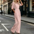 thumbnail image 6 of MexChoioe Womens Solid Color Lapel Button Jumpsuits 5 Sleeve Elastic Waist Pocket Wide Leg One Piece Outfits, 6 of 6