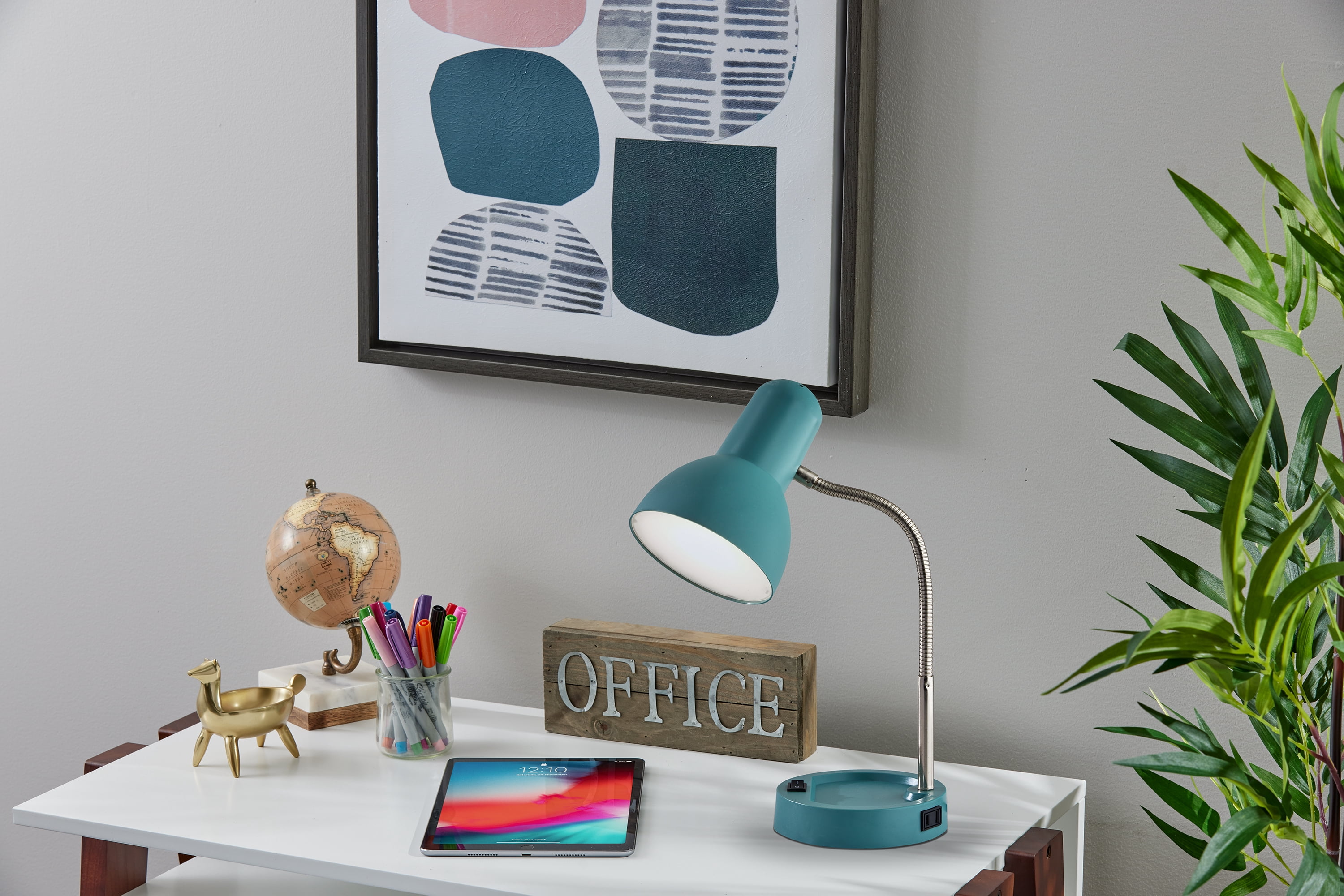 Mainstays LED Gooseneck Desk Lamp with Catch-All Base & AC Outlet, Aqua