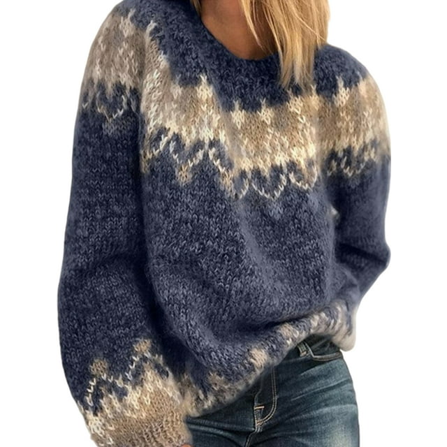 MAWCLOS Chandails Tricotés pour Femmes Chandail à Manches Longues Col Rond Pull Confortable pour le Travail Hiver Chaud Bleu m