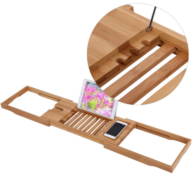 Bandeja de bambú ANGGREK para bañera estante Extensible Con soporte para copa de vino y Marco de Lectura
