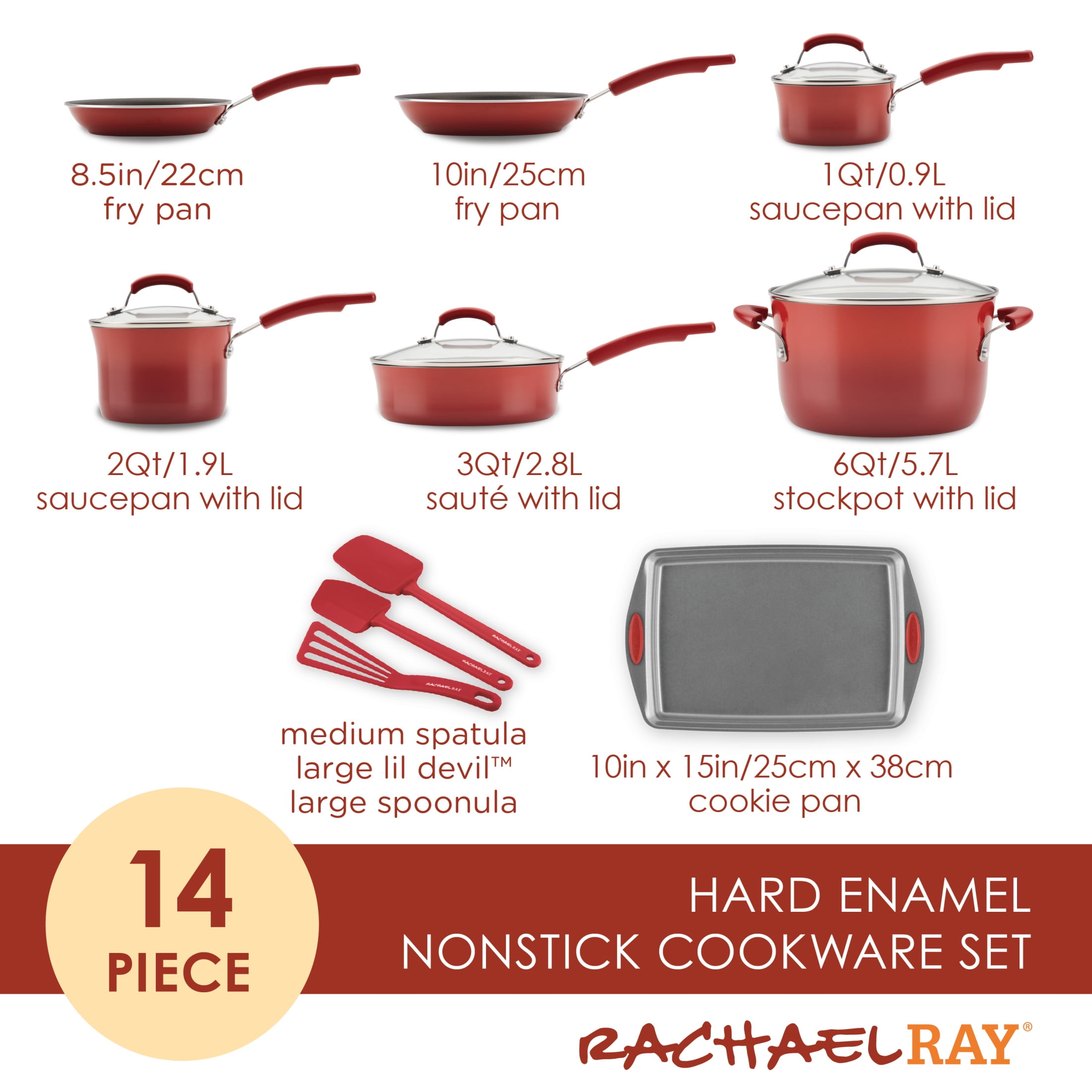 Rachael Ray Brights 14-Piece Nonstick Cookware Set, Red