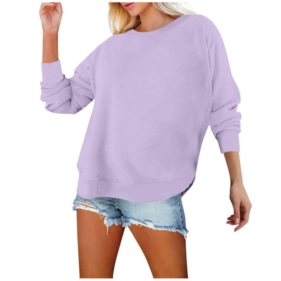 Womens Loose Sweatshirts Curved Side Split Hem Casual Trendy Pullover Tops Solid Color Long Sleeve Fall Clothes (XL, Purple)