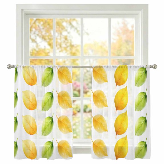 Gradient Leaf Sheer Curtains 54 inches Long, Spring Leaves Light Filtering Sheer Window Curtains Rod Pocket Voile Drapes for Bedroom Living Room, 2 Panels