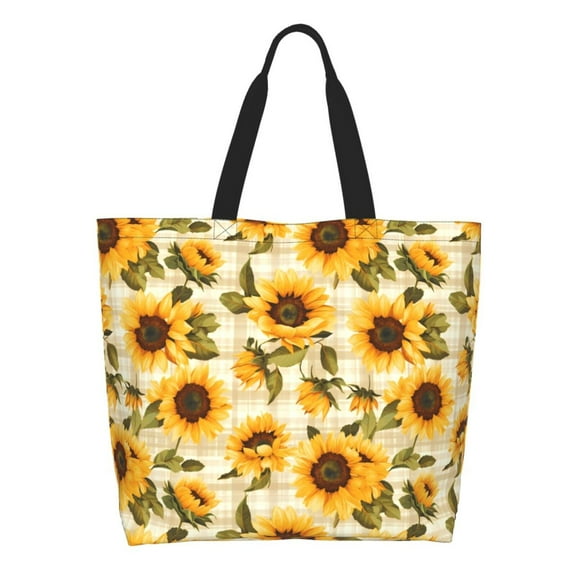 Honeii Scottish Plaid Sunflower Print Tote Bag for Women, Foldable Tote Bag Large Shoulder Bag Top Handle Handbag for Travel, Work