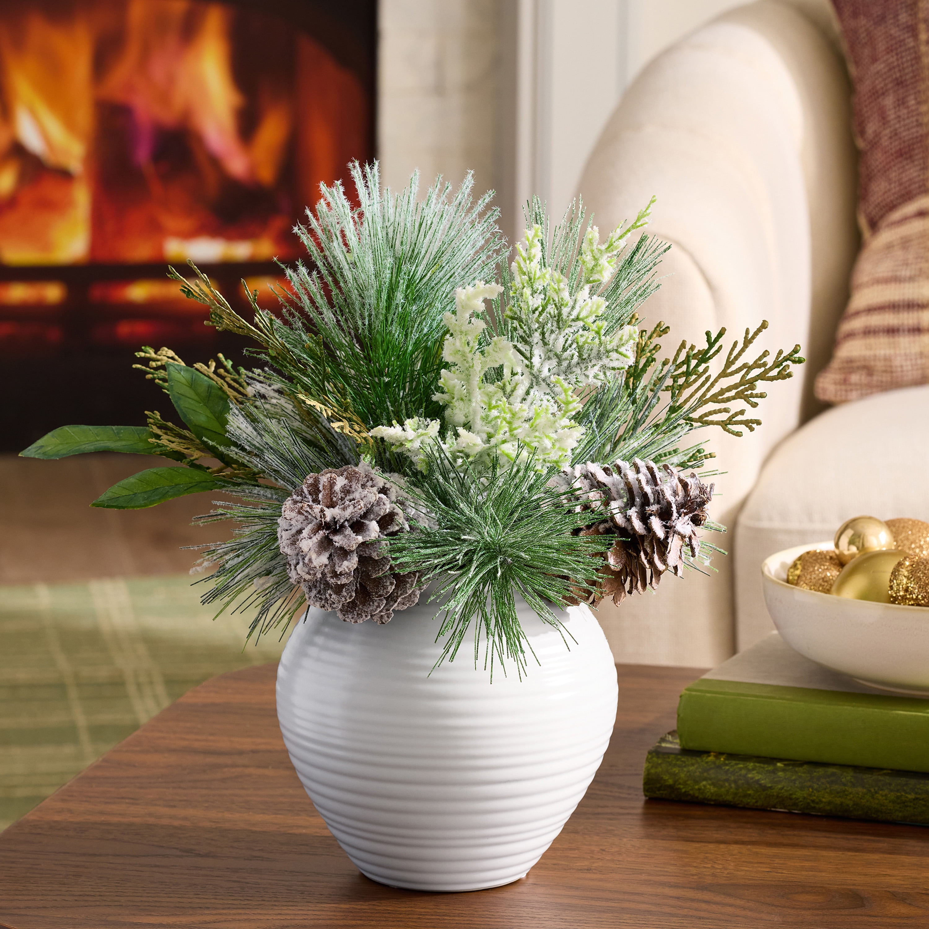 Better Homes & Gardens 13 in Artificial Frosted Pine in Ceramic Vase, Indoor, Green