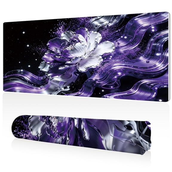 LIVEKEY XXL Mouse Pad Purple Metallic Flower 80x40cm Non Slip Durable Easy Clean Stitched Edges Full Desk Coverage for Gaming Office Use