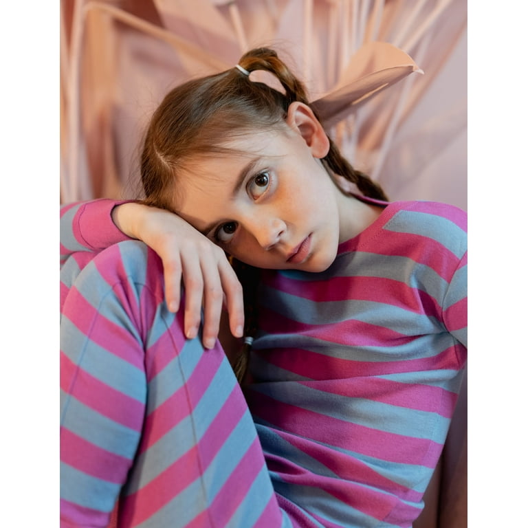 Leveret Kids Boys Girls Two Piece Cotton Pajamas Purple & Denim Stripes 5  Year 