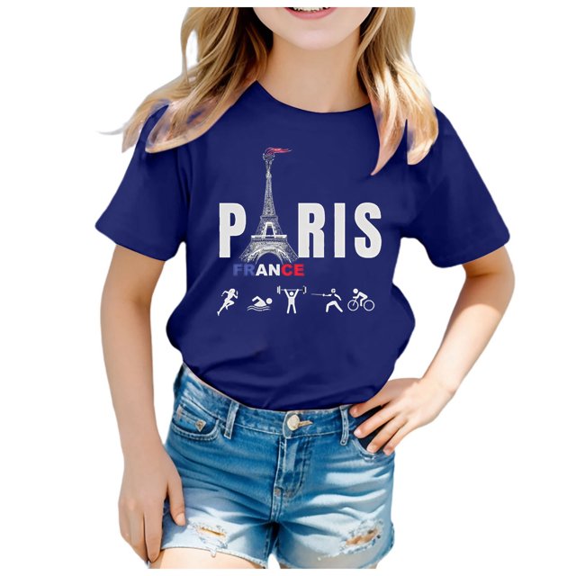 LUOGENLI T-Shirt pour Filles Enfants Thème 2025 Mode Imprimé Manches Courtes Col Rond T-Shirt Hauts Chemises pour Filles Tendance Été Bleu 3-4 Ans