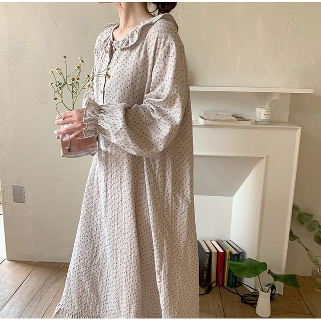 Vestido coreano pequeño con flores y volantes, cuello de muñeca, manga larga, algodón suave, suelto, camisón de mujer para casa