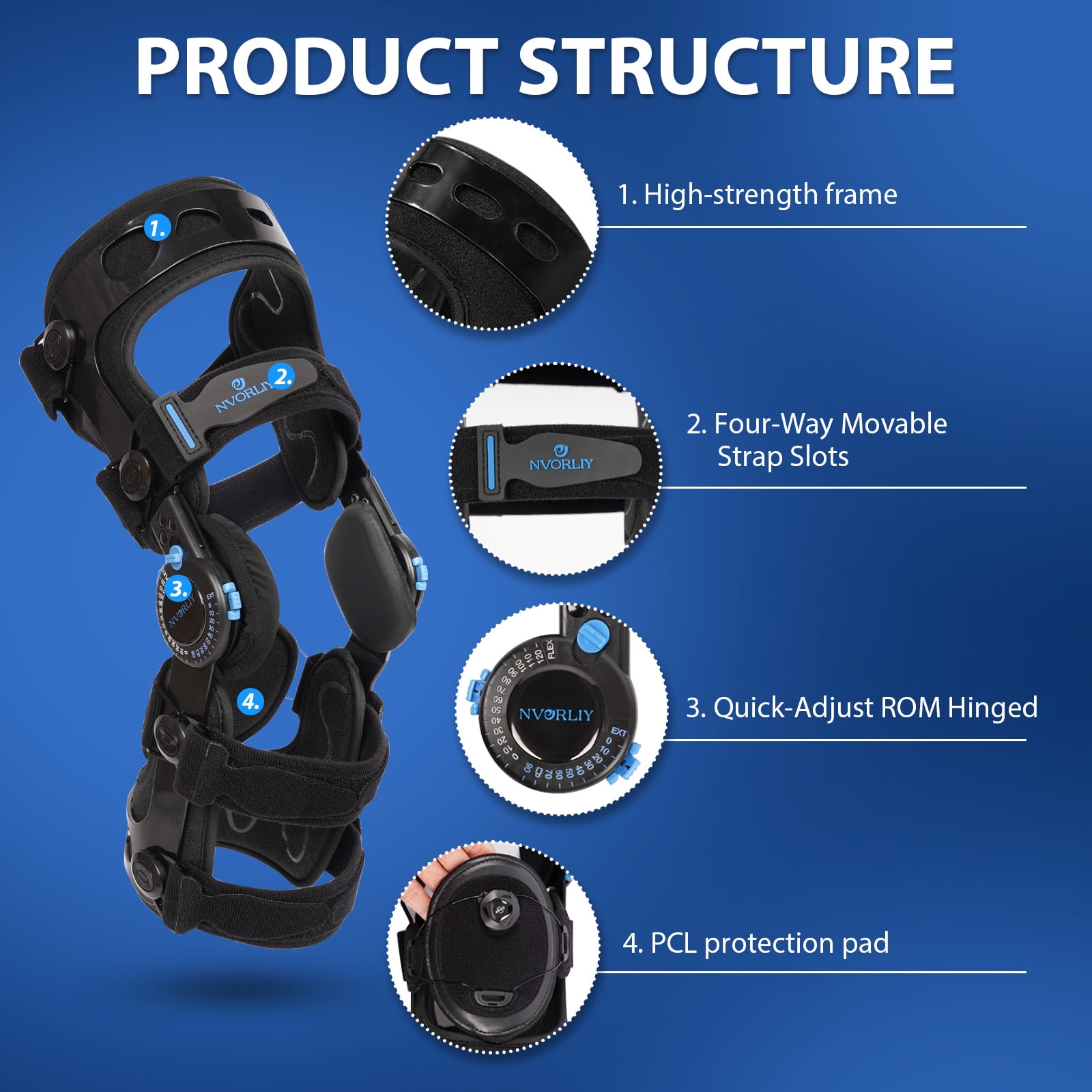 Nvorliy Knee Brace for Functional Posterior Cruciate Ligament (PCL) Recovery Stabilization, Adjustable Medical Post-Op Orthosis for Post-Surgery Support, Women and Men (Right, Large)