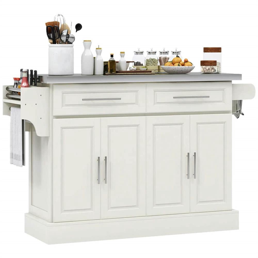 YYAo Kitchen Storage Island, Kitchen Cart,Rolling Kitchen Island with Stainless Steel Top, 2 Drawers, Spice, Knife and Towel Rack and Cabinets, Cream White