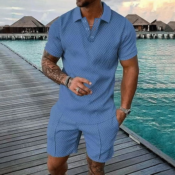 UVEASISHA Mens Two Piece Golf,Men's 2 Piece Tracksuit Short Sleeve Print Polos Shirt and Shorts Sets Summer Outfits for Men Track Suits for Men Big and Tall Blue