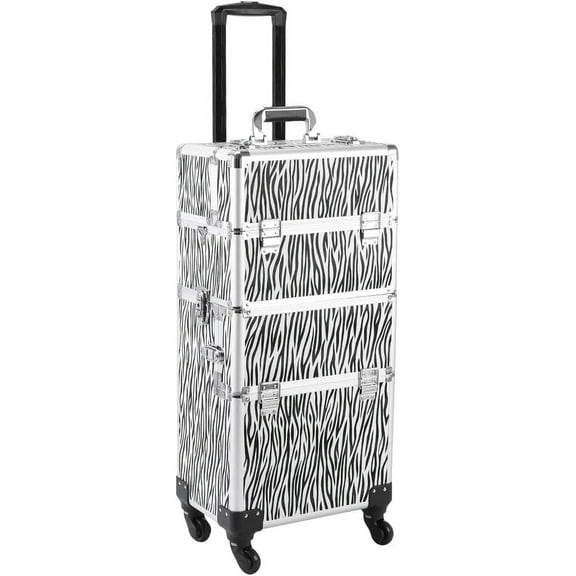 Professional Rolling Makeup Train Case, Cosmetic Trolley Aluminum Cosmetic Makeup Case Tattoo Box White Zebra Print (14.17 x 9.45 x 27.95)