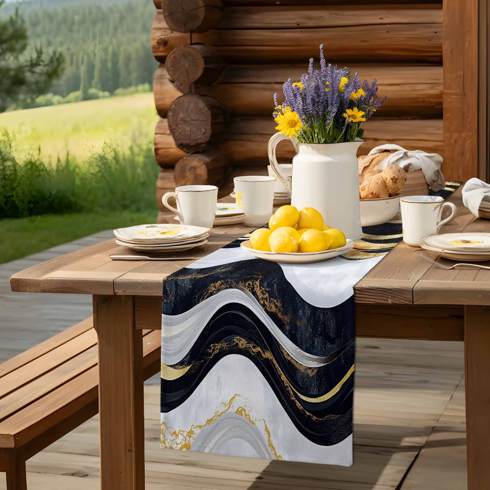 Table Runner Abstract Black White Gold Stripes Table Decoration for Kitchen Dinning Modern Table Decoration for Indoor Outdoor Party Wedding Decor 13x72inch