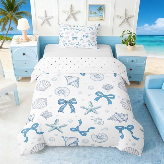 Manfei Blue White Starfish Seashell Bow Twin Bedding for Kids Boys and Girls, Marine Animal Duvet Cover Set, Reversible 2pcs, 1 Duvet Cover and 1 Pillowcase