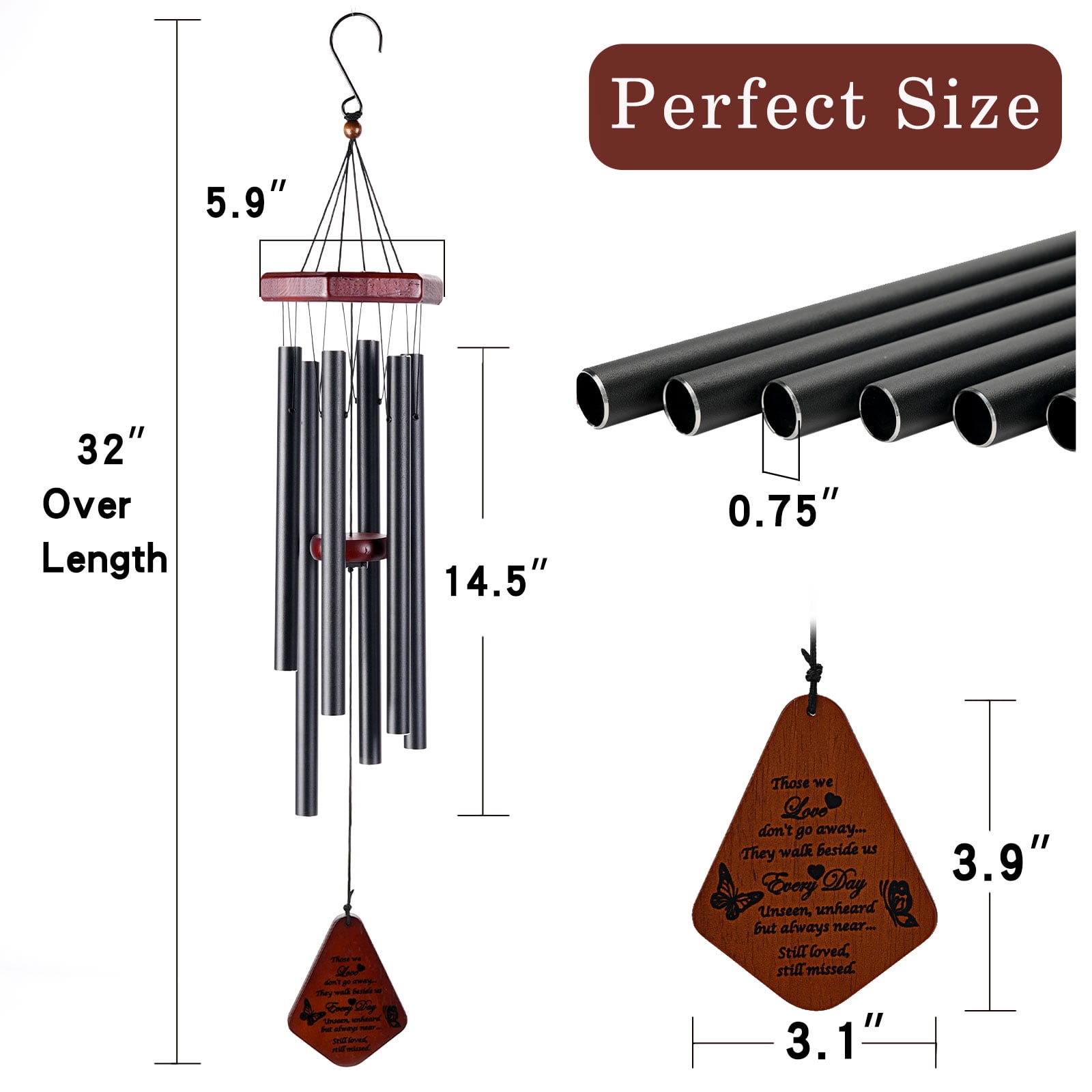 ZOMWOOA Memorial Wind Chimes Outdoor, 32 Inch Large Sympathy Wind Chimes for Loss of a Loved One, Bereavement/Memorial Gift/Sympathy Gift in Memory of Loved One Condolence Remembrance（Black)