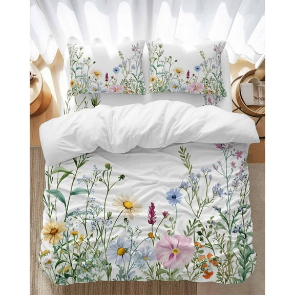 Farms Wildflowers Bedding Duvet Cover Set King Size 4 Pieces Herbs Countryside Watercolor Floral Leaf Bedding Set with Zipper Closure, 1 Comforter Cover 92x106 Inches 1 Flat Sheet & 2 Pillow Cases
