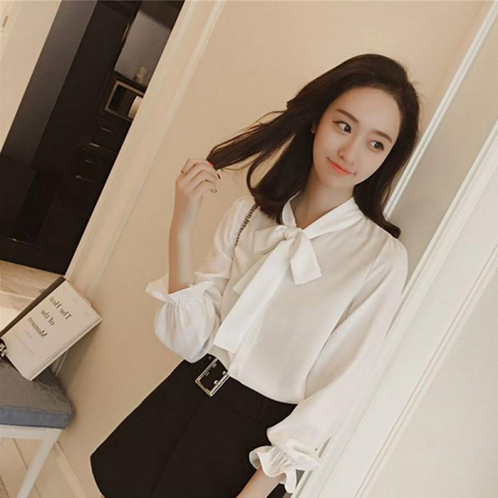 Women Solid Bow Tie Ruffles Chiffon Shirts Long Sleeve Loose Blouse Ladies  Casual Tops Business Shirt Blouse