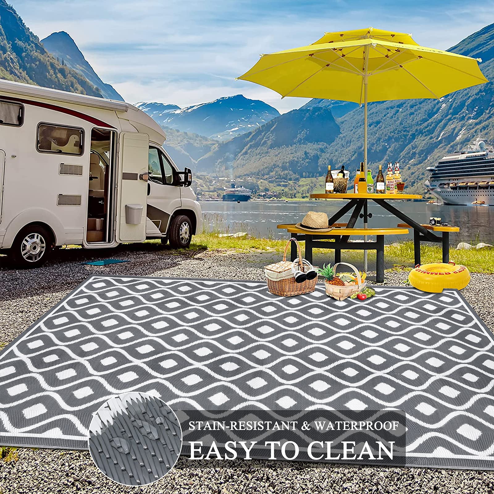 Findosom 8'x10' Large Outdoor Rug Waterproof Patio Rug RV Outdoor Mat Reversible Plastic Straw Area Rug Mat Camping Rugs Floor Mat for Outdoors, RV, Patio, Backyard, Deck, Picnic, Beach, Trailer Gray