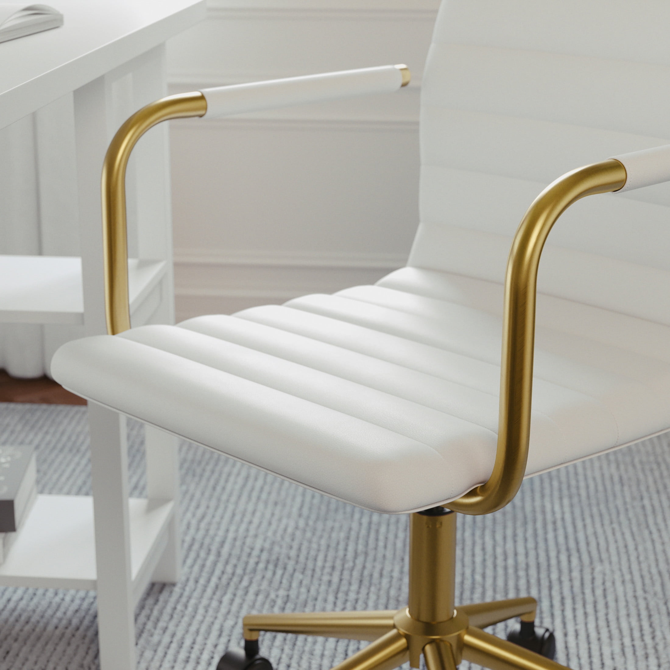 Martha Stewart Taytum Upholstered Office Chair in White/Polished Brass