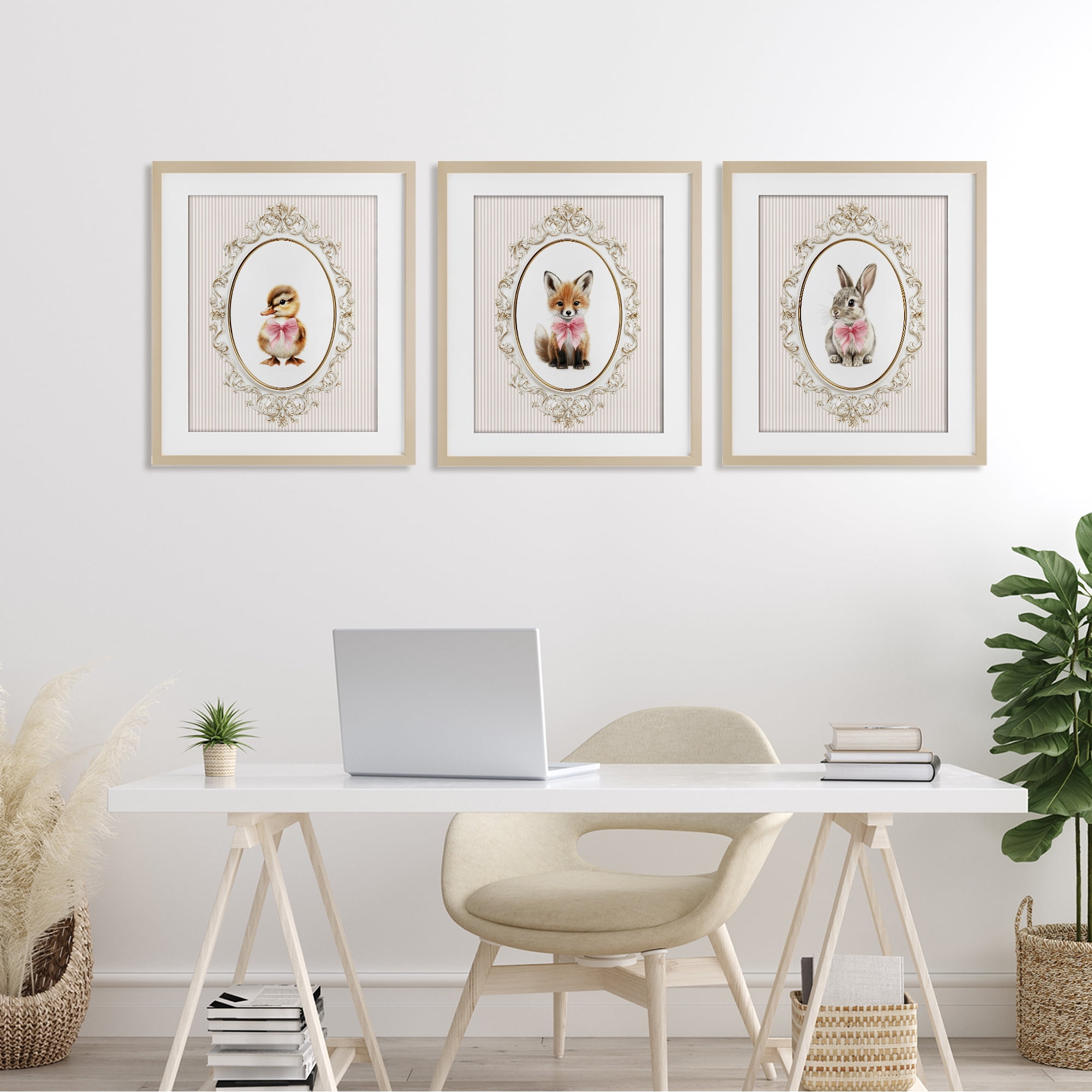Stupell Industries Vintage Animals with Ornate Design 3 Piece Birch Framed Print Under Glass Set, design by Christine Simpson Art