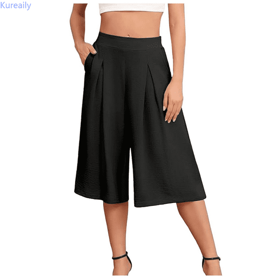 Kureaily Wide Leg Women Capri Pants High Elastic Waisted Loose Casual Trousers Lightweight Comfy Pants With Pockets S 2XL Beach Lounge Pants