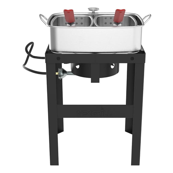 Nexgrill 18 QT Aluminum Fish Fryer with Crawfish Boiler Pot & Double Strainer Basket for Poultry, Seafood, and More, 58,000 BTU Outdoor Deep Fryer, Welded Steel Stand & Included Thermometer -840-0006