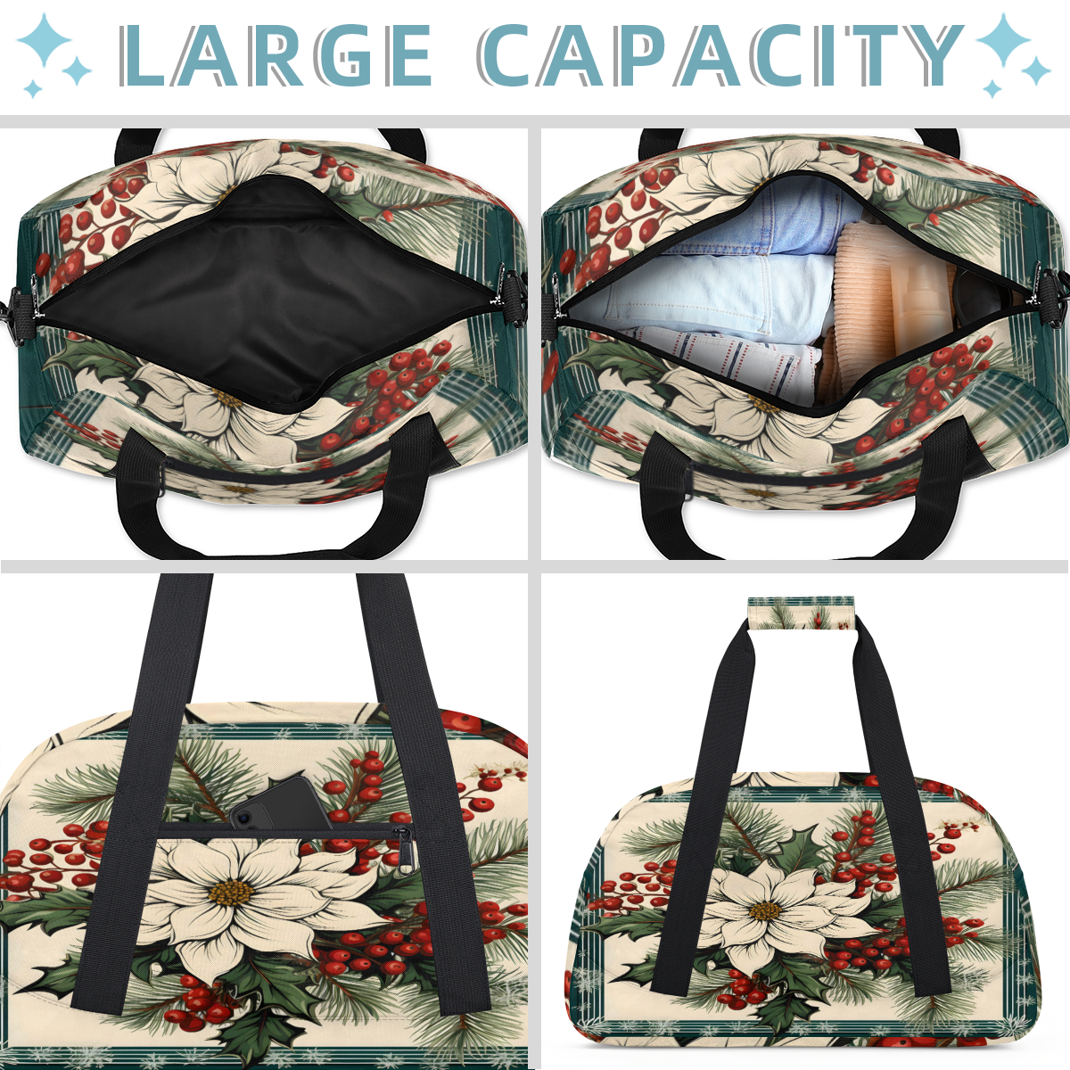 Herdesigns Sports Duffle Bags Travel Duffle Bag Gym Bag Vintage Flower Christmas Theme Weekender Travel Bag Waterproof Overnight Bag Carry On Travel Tote Bag Dance Bags