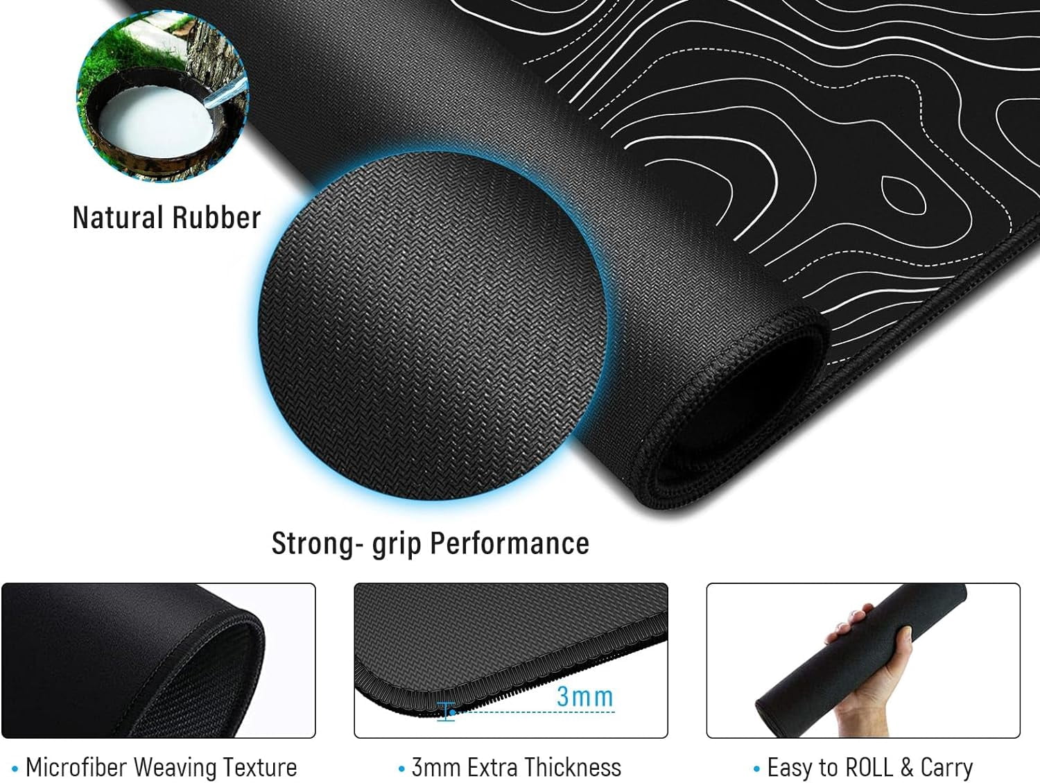 Black Topographic Large Gaming Mouse Pad, XXL Mousepad, Big Mouse Mat Desk Pad for Keyboard and Mouse, Gaming Computer Laptop PC Desk Office Accessories